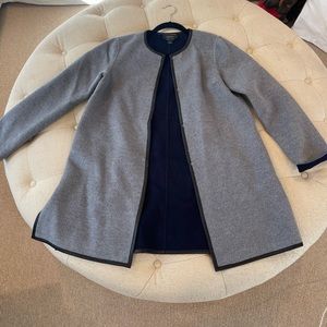 St. John women’s grey coat with black leather trim